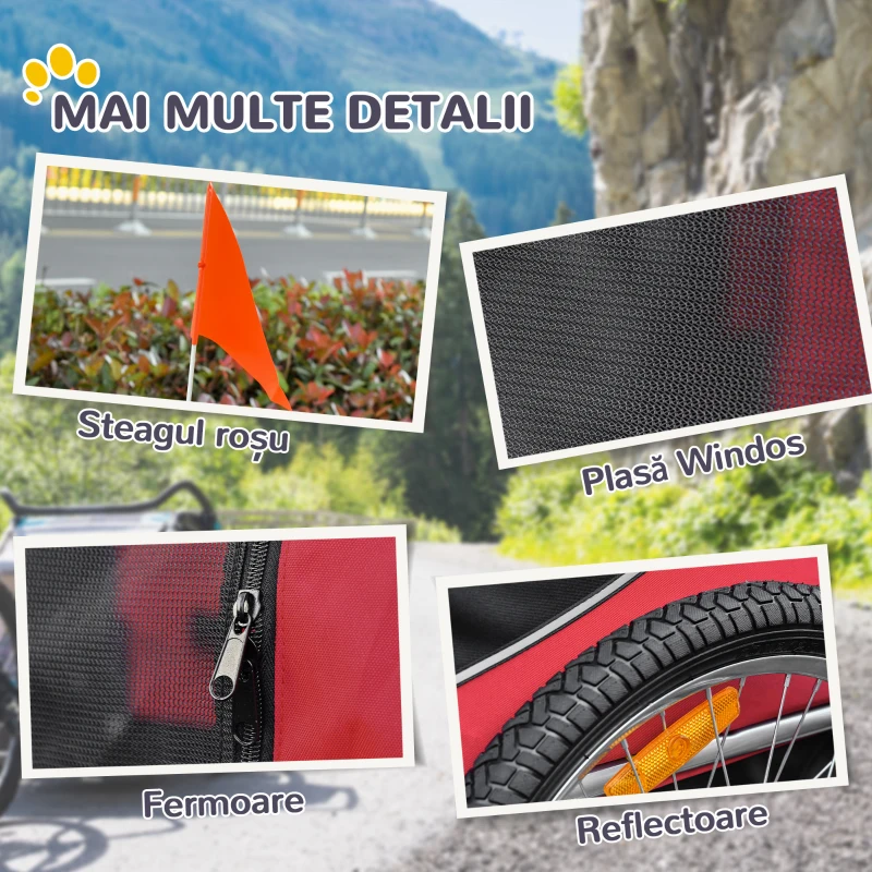 PawHut Remorcă de Bicicletă pentru Câini cu Punct de Atașare, Ferestre Laterale și Steguleț, 130x73x90 cm, Roșu