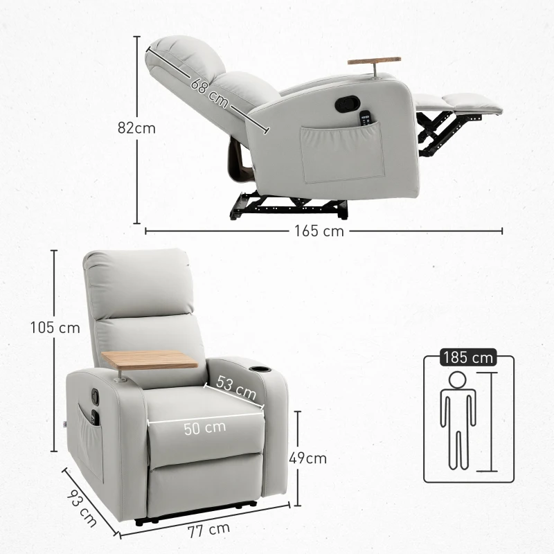 HOMCOM Poltrona de Massagem Poltrona Relax Elétrica com 4 Modos de Vibração Reclinação 145° Mesa 2 Bolsos Laterais 77x93x105 cm Cinza
