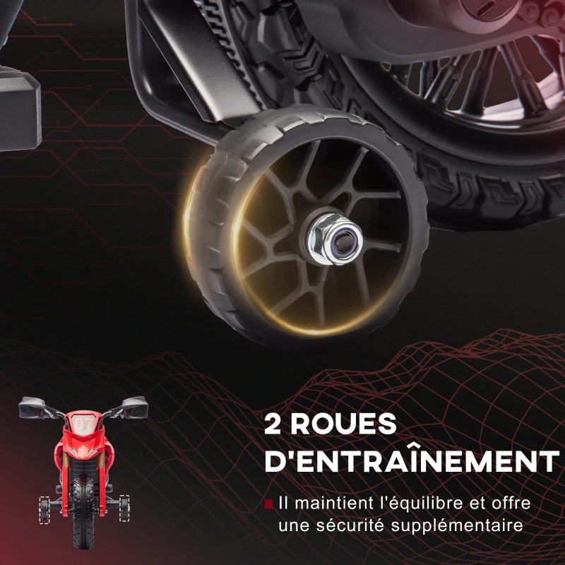 AIYAPLAY Moto cross électrique pour enfants 3-8 ans, batterie 6 V, 2 moteurs, klaxon et roues d'entraînement, charge 30KG, rouge(m-5)