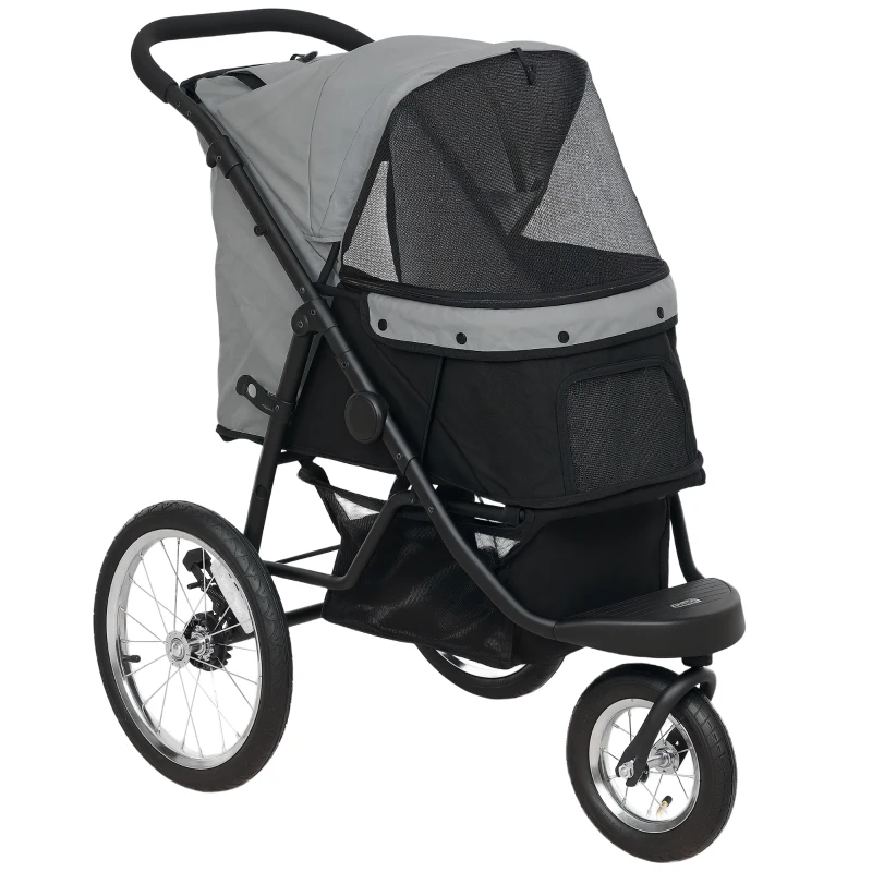 PawHut Poussette pour chien pliable avec panier de rangement, coussin lavable, roues en caoutchouc et auvent réglable, gris