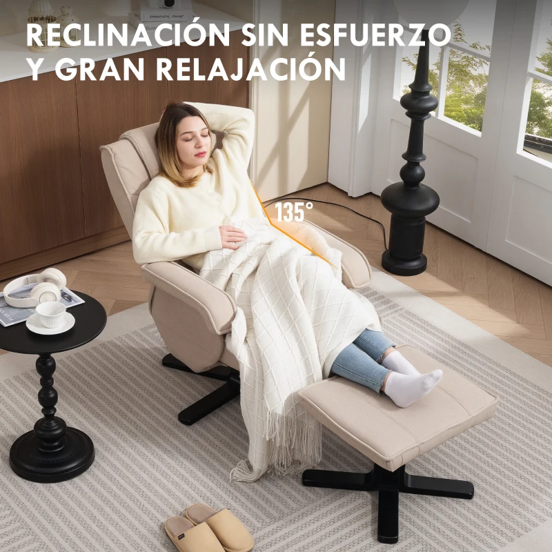 HOMCOM Sillón Relax Reclinable con Reposapiés Giratoria Tapizado en Lino con Base de Madera Beige