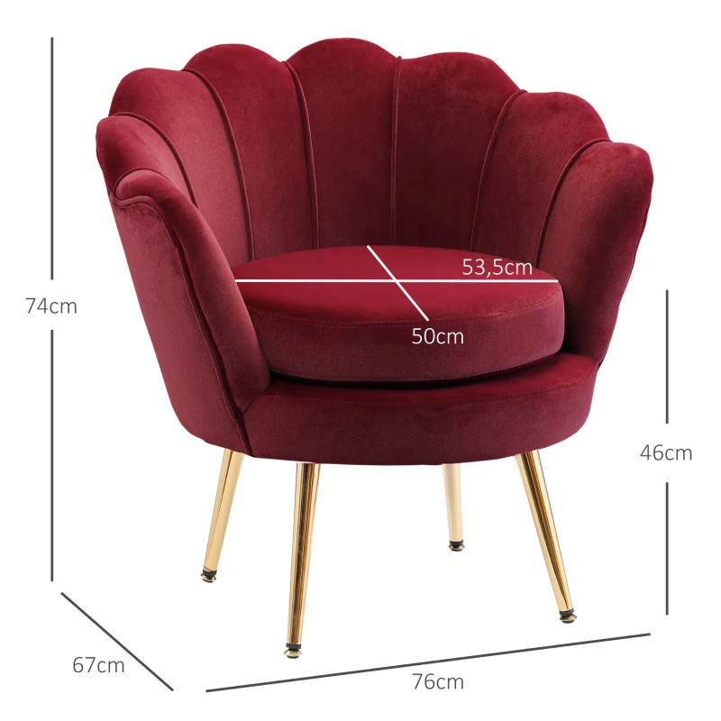 HOMCOM Fauteuil salon fauteuil en velours fauteuil coquillage avec pieds en métal doré pour chambre à coucher, rouge