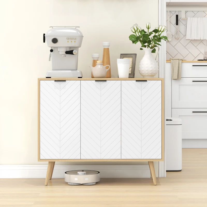 HOMCOM Buffet bas meuble de rangement 2 placards 3 portes motif chevrons étagères réglables 91,5 x 35 x 77,4 cm bois naturel