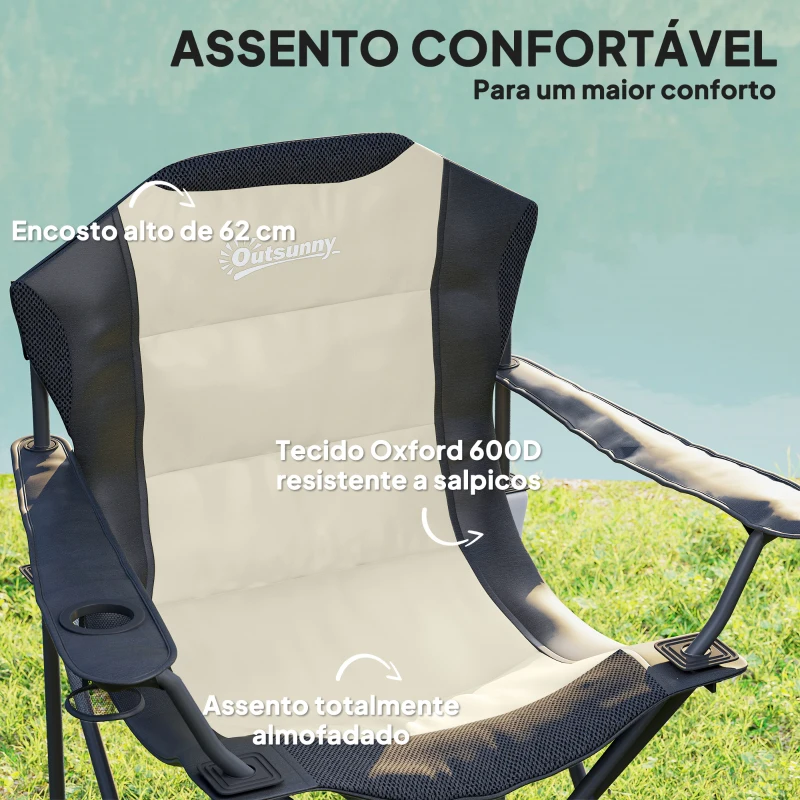 Outsunny Conjunto de 2 Cadeiras Reclináveis de Campismo Portáteis com Porta-Copos e Bolsas de Transporte 59x82x109 cm  Bege e Preto