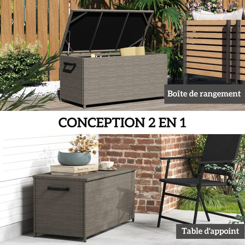 Outsunny Coffre de jardin en résine tressée coffre de rangement extérieur 184 L vérins à gaz, résistant aux UV 102x52x52cm gris