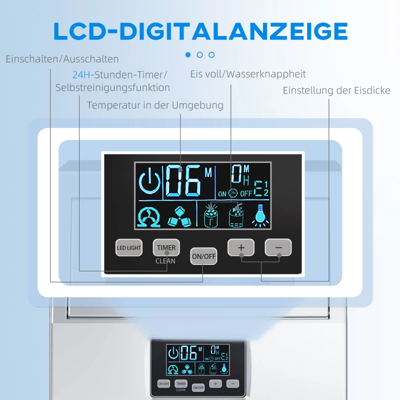HOMCOM Kommerzielle Eiswürfelmaschine, LED-Beleuchtung, leicht lesbare Anzeigen, mit Schaufel, Silber