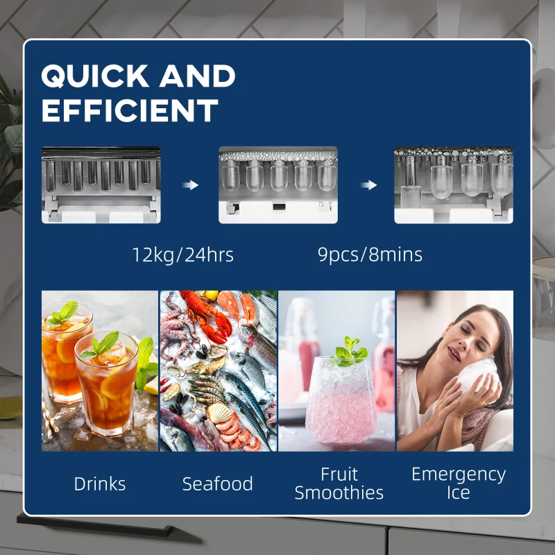 HOMCOM Ice Maker Machine Countertop, 9 Ice Cubes in 8 Mins, 12KG in 24Hrs, Self-Cleaning Portable Ice Cube Maker w/ Adjustable Ice Size, Ice Scoop, Basket, Stainless Steel, No Plumbing Required, Black