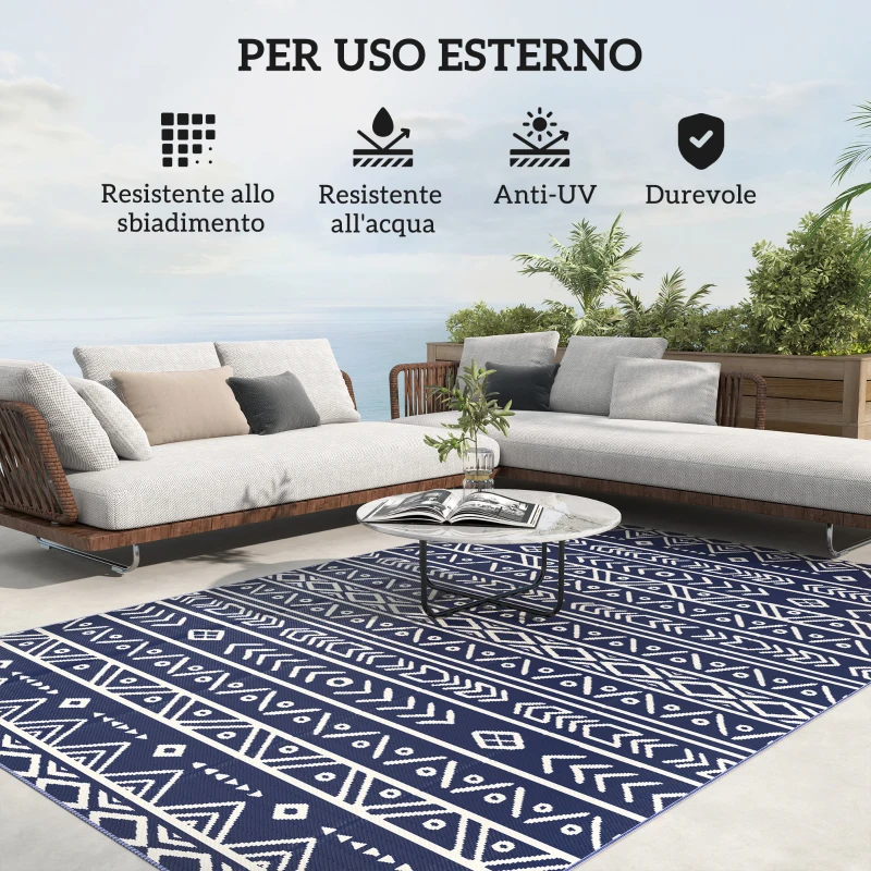 Outsunny Tappeto da Esterno Reversibile Stile Geometrico con Borsa di Trasporto, 182x274 cm, Blu e Bianco