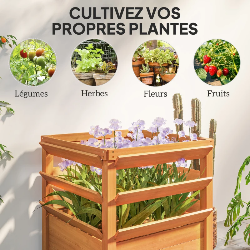 Outsunny Jardinière avec treillis, lit surélevé de jardin fond ouvert, bac à fleurs en bois 65 x 65 x 73 cm, marron clair