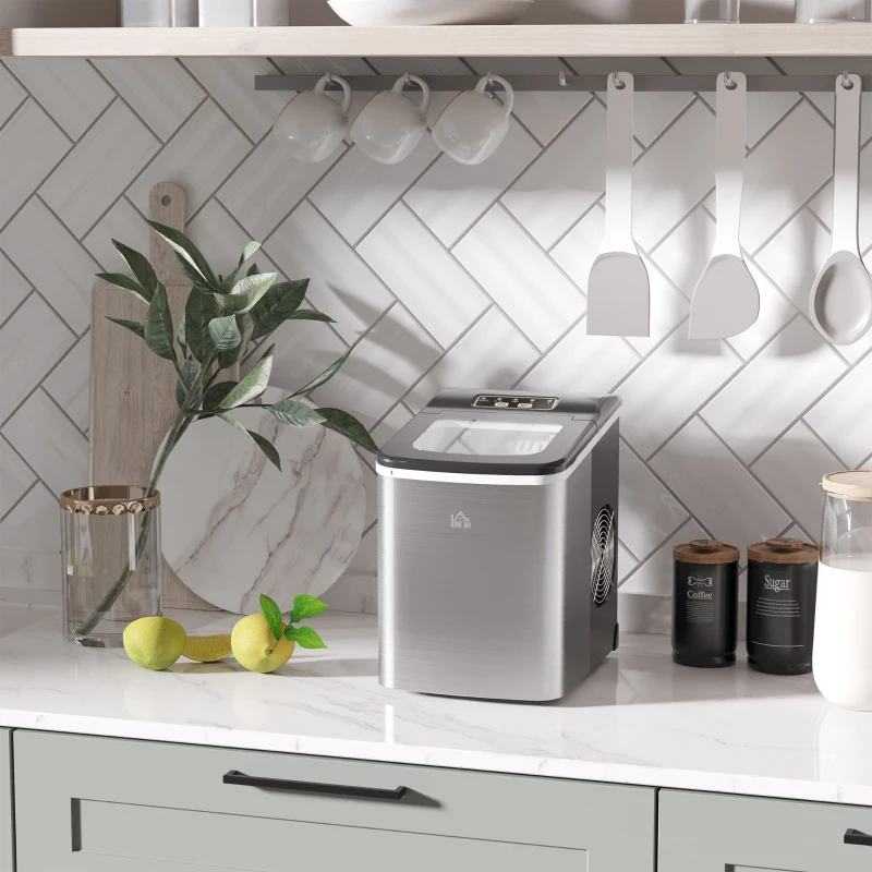 HOMCOM Ice Maker Machine Countertop, 9 Ice Cubes in 8 Mins, 12KG in 24Hrs, Self-Cleaning Portable Ice Cube Maker w/ Adjustable Ice Size, Ice Scoop, Basket, Stainless Steel, No Plumbing Required, Black