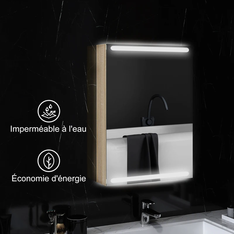 HOMCOM Armoire murale meuble salle de bain avec miroir, éclairage LED et étagères en verre réglables 50x12,5x70cm, bois naturel