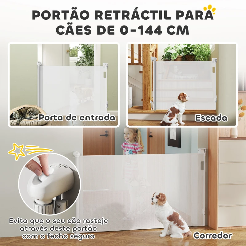 PawHut Barreira para Cães Retrátil 0-144 cm  para Cães Pequenos Barreira de Segurança para Animais de Estimação com Fecho Branco