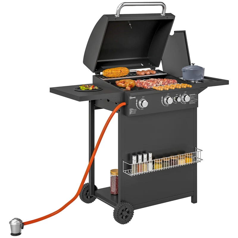Outsunny Barbecue a Gás com 3+1 Queimadores 8,5 kW Termómetro Mesa Lateral Grelha Recolhedor de Gordura 2 Rodas 123x57x98 cm Preto