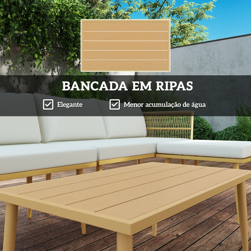 Outsunny Conjunto de Jardim de Vime Sintético de 4 Peças com 2 Sofás de 2 Lugares 1 Apoio para os Pés 1 Mesa de Centro Madeira e Creme