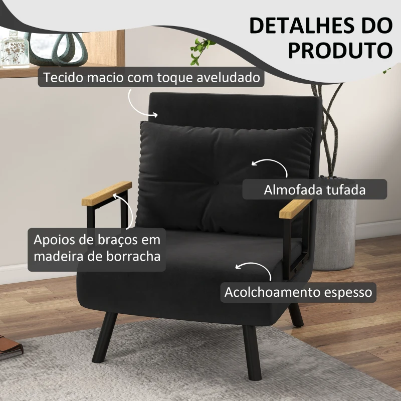 HOMCOM Poltrona Convertível em Cama Poltrona 3 em 1 Convertível em Cama com Encosto Ajustável em 5 Níveis 63x73x81 cm Preto