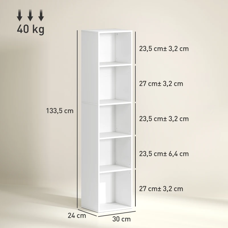 HOMCOM Bibliothèque étagère de rangement 5 niveaux avec étagères réglables pour salon, chambre, bureau, 30x24x133,5cm, blanc