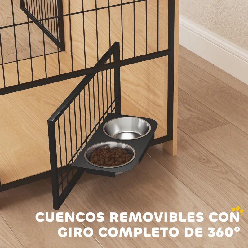 PawHut Jaula para Perros Mesa Auxiliar Moderna con 2 Puertas Soporte Giratorio con 2 Tazones 80x60x68 cm Roble