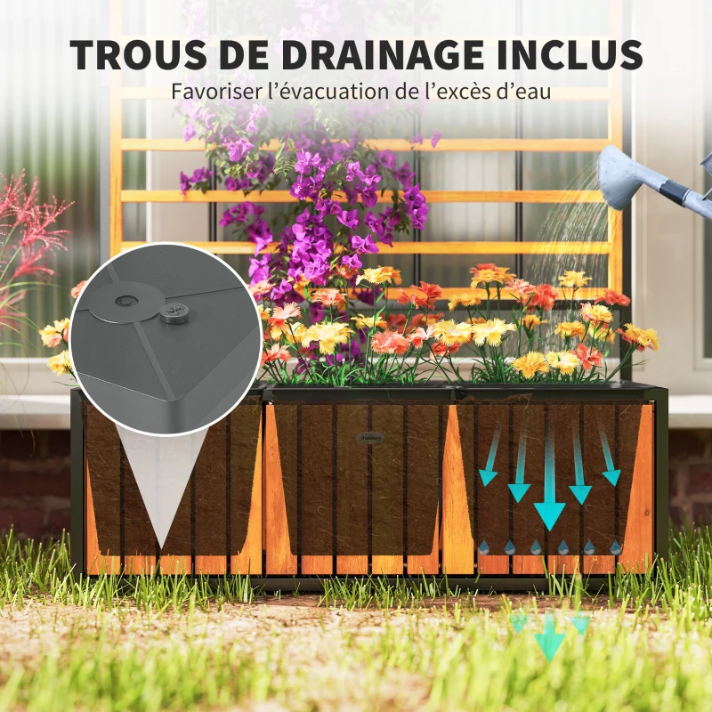 Outsunny Jardinière avec treillis lit surélevé de jardin trous de drainage en bois d'acacia acier  74 x 27 x 131 cm teck