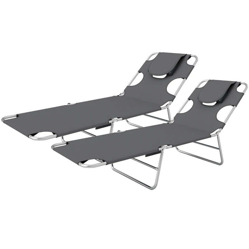 Outsunny Foldable Sun Lounger Set of 2, Beach Chaise Lounge with Reading Hole, Arm Slots, 5-Position Adjustable Backrest, Side Pocket, Pillow for Garden, Beach, Pool, Dark Grey
