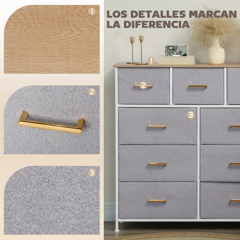 HOMCOM Cómoda Moderna con 9 Cajones de Tela y Diseño Elegante para Dormitorio Sala o Entrada 100x30x99 cm Gris