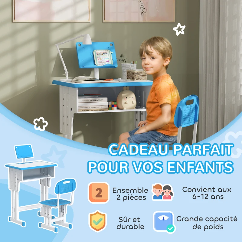 HOMCOM Bureau et chaise pour enfant avec support de lecture casier crochet et porte stylo 60 x 45x 90-102 cm bleu