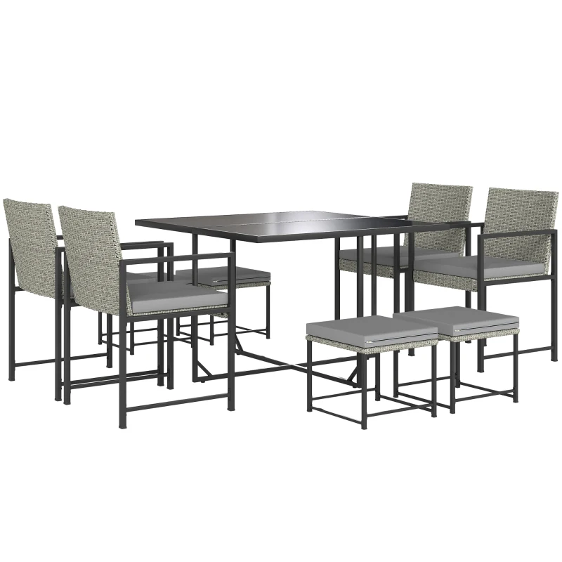 Outsunny Salon de jardin extérieur en résine tressée 8 places avec coussins et plateau en verre trempé, gris