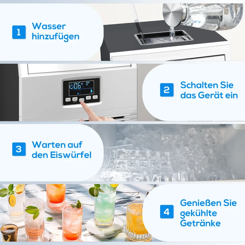 HOMCOM Kommerzielle Eiswürfelmaschine, LED-Beleuchtung, leicht lesbare Anzeigen, mit Schaufel, Silber