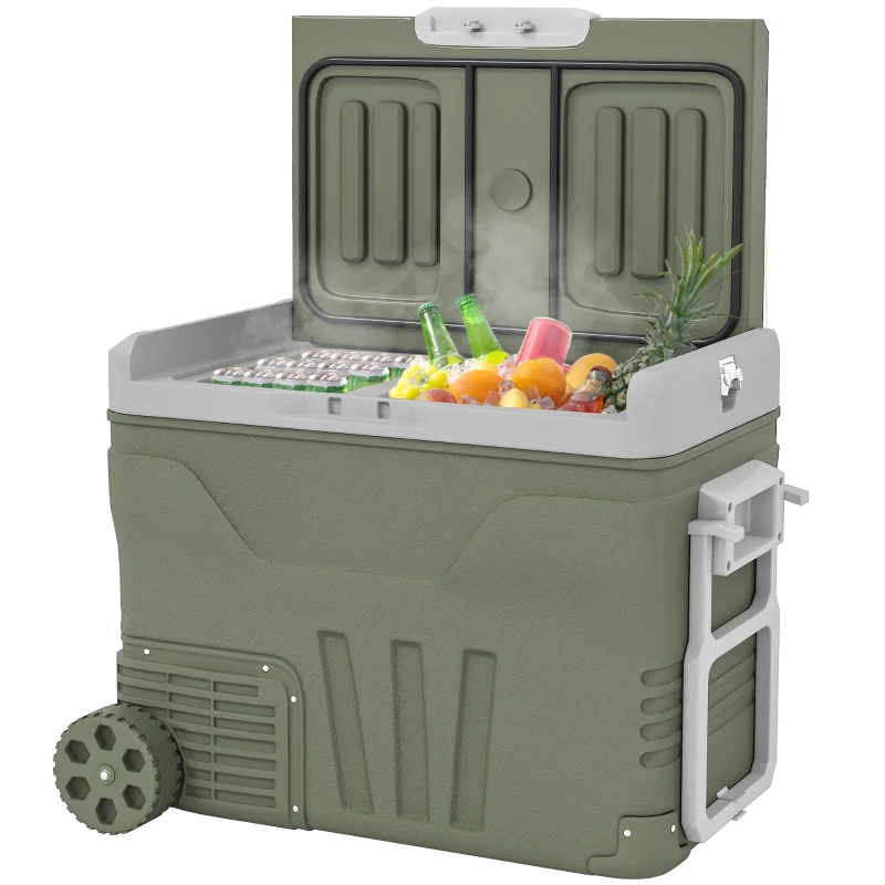 Outsunny Geleira Portátil Elétrica 45L Geleira de Carro -20℃ a +20℃ 12V/24V com Rodas Compressor e Ecrã LED 64,5x43,5x53 cm Verde