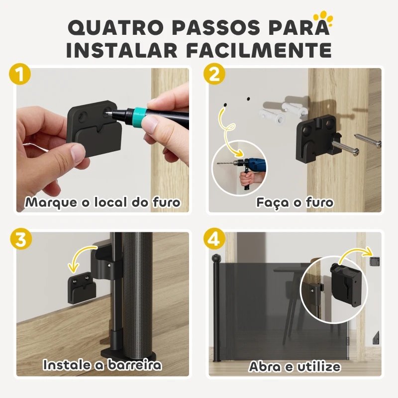 PawHut Barreira para Cães Retrátil 0-144 cm  para Cães Pequenos Barreira de Segurança para Animais de Estimação com Fecho Preto