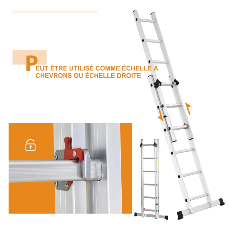 HOMCOM Échelle multifonctions en aluminium 2,5 m, pliable et portable, pied antidérapant, charge max. 150 kg, argent