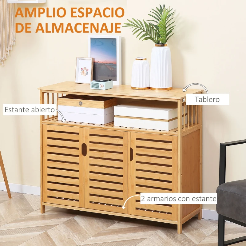HOMCOM Aparador para Salón de Bambú con 3 Puertas Ranuradas Estantes para Comedor Cocina Entrada Natural 100x35x82 cm