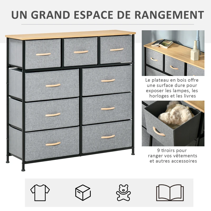 HOMCOM Commode 9 tiroirs meuble de rangement tiroir en tissu pliant - structure acier noir - 100 x 30 x 100 cm, chêne et gris
