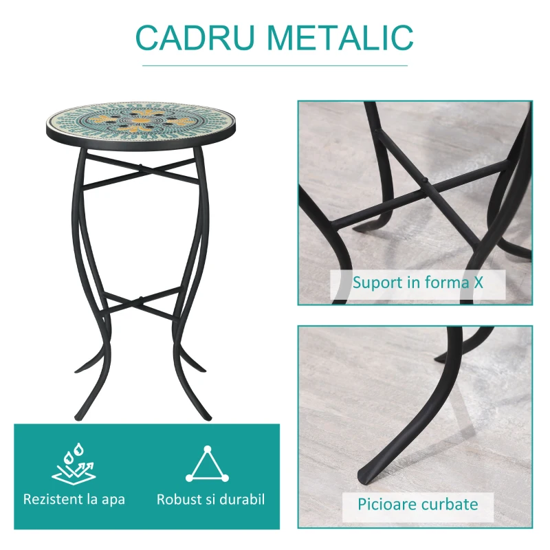 Outsunny Masuta de Gradina Rotunda din Metal cu Blat cu Mozaic, Ф35.5x53.5cm, Multicolor