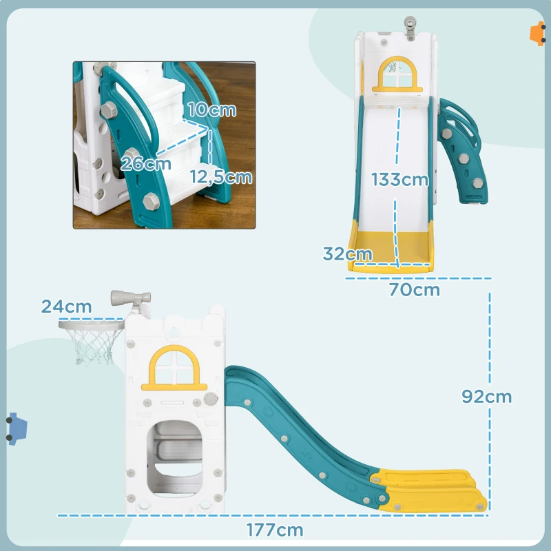AIYAPLAY Kinderrutsche, 4 in 1, Kleinkinderrutsche mit Basketballkorb, Teleskop Klettergerüst Gelb 70 x 177 x 92 cm(m-3)