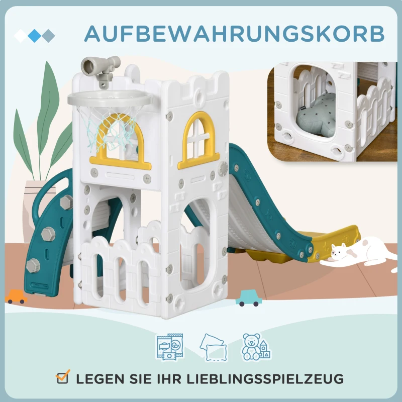 AIYAPLAY Kinderrutsche, 4 in 1, Kleinkinderrutsche mit Basketballkorb, Teleskop Klettergerüst Gelb 70 x 177 x 92 cm(m-7)
