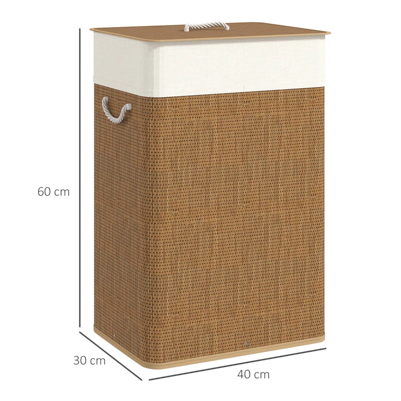 HOMCOM Cesto de Roupa com Tampa 72L Cesto de Roupa de Bambu com Bolsa Interior Removível e Alças 40x30x60 cm Madeira e Creme