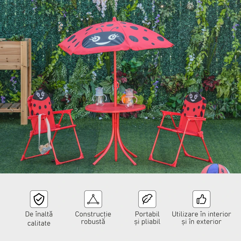 Outsunny Set masă de grădină cu 2 scaune pliabile, masă și scaune pentru copii în aer liber cu umbrelă din metal și poliester, roșu