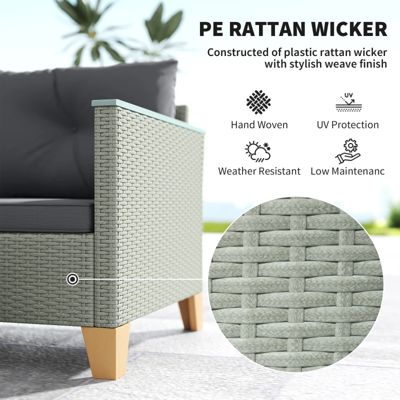 Outsunny 3 Pieces Rattan Garden Furniture Set, L Shaped Garden Conversation Chaise Lounge Furniture with Wood Top Coffee Table and Thick Cushions, Charcoal Grey