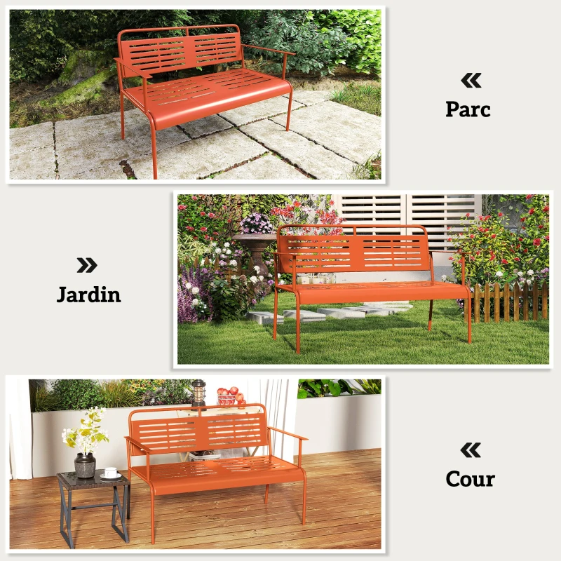 Outsunny Banc de jardin 2 places banc extérieur jardin en acier avec accoudoirs et dossier, pour balcon 121 x 64 x 84 cm, rouge