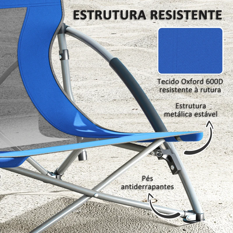 Outsunny Conjunto de 2 Cadeiras de Praia Dobráveis Cadeiras de Campismo Portáteis com Bolsa de Transporte 58x55x62 cm Azul