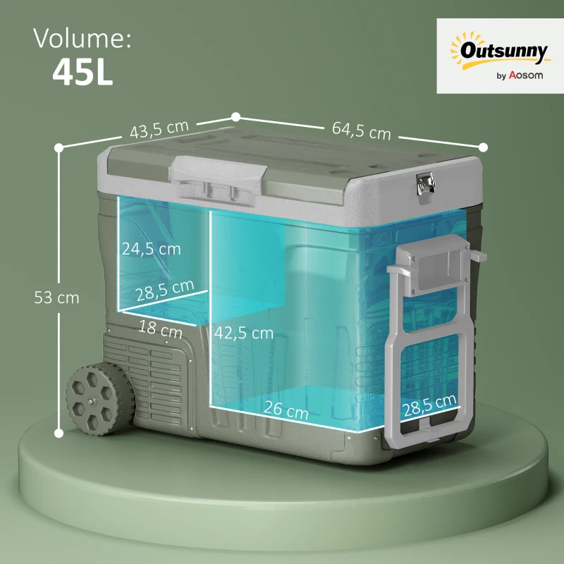Outsunny Geleira Portátil Elétrica 45L Geleira de Carro -20℃ a +20℃ 12V/24V com Rodas Compressor e Ecrã LED 64,5x43,5x53 cm Verde