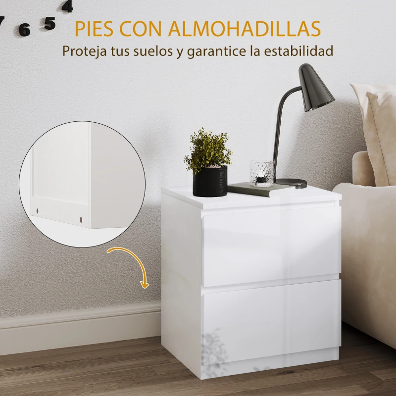 HOMCOM Set de 2 Mesitas de Noche con 2 Cajones Mesa Auxiliar para Dormitorio Salón 40x34x45 cm Blanco Brillo