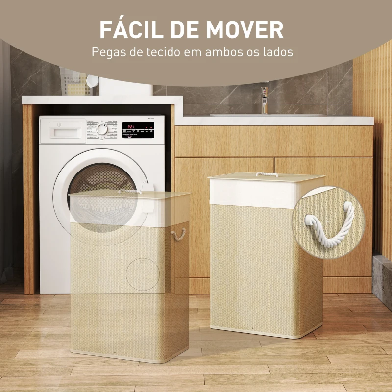 HOMCOM Cesto de Roupa com Tampa 72L Cesto de Roupa de Bambu com Bolsa Interior Removível e Alças 40x30x60 cm Bege e Creme