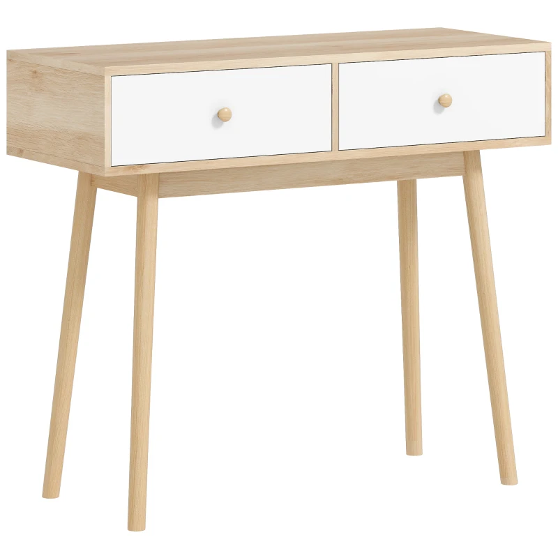 HOMCOM Table console avec 2 tiroirs et pieds en bois, pour salon, entrée, couloir, 86 x 35 x 75 cm, chêne et blanc