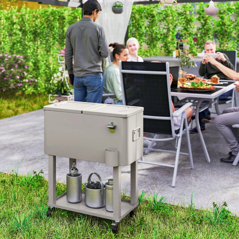 Outsunny Carro Nevera con Ruedas Abrebotellas y Estante 56L para Patio Fiesta Terraza 67x35x80 cm Gris Claro
