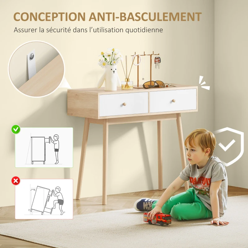 HOMCOM Table console avec 2 tiroirs et pieds en bois, pour salon, entrée, couloir, 86 x 35 x 75 cm, chêne et blanc