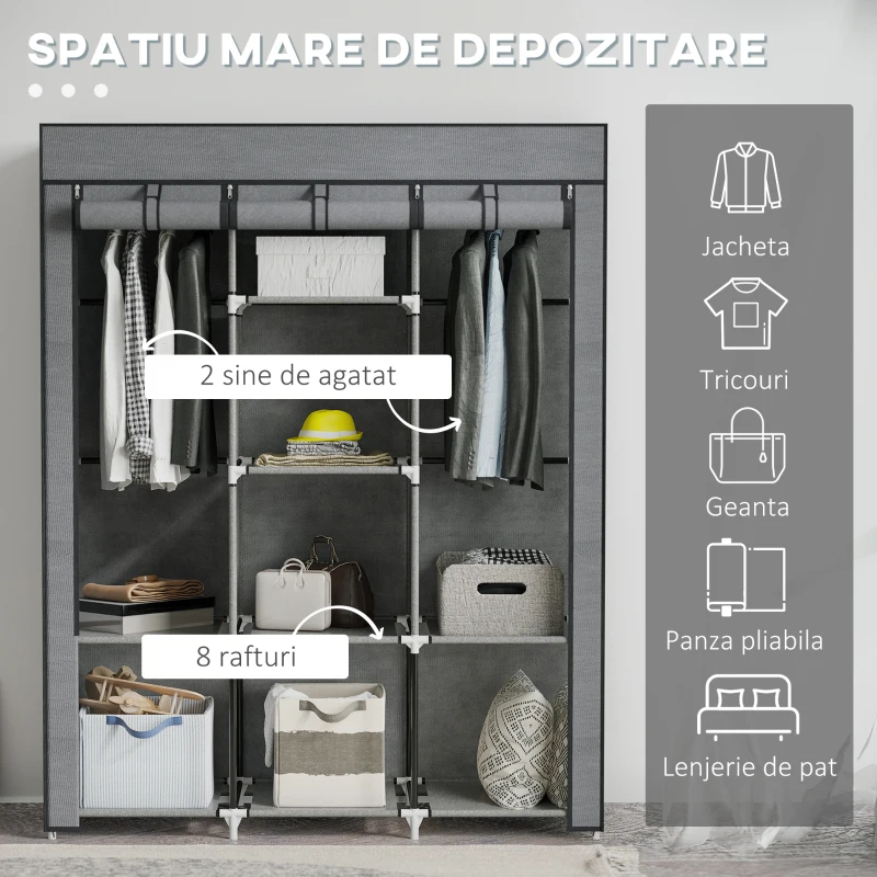 HOMCOM Dulap din Material Textil cu Bază Înălțată, 8 Rafturi și 2 Bare, 125x43x162.5 cm, Gri Închis