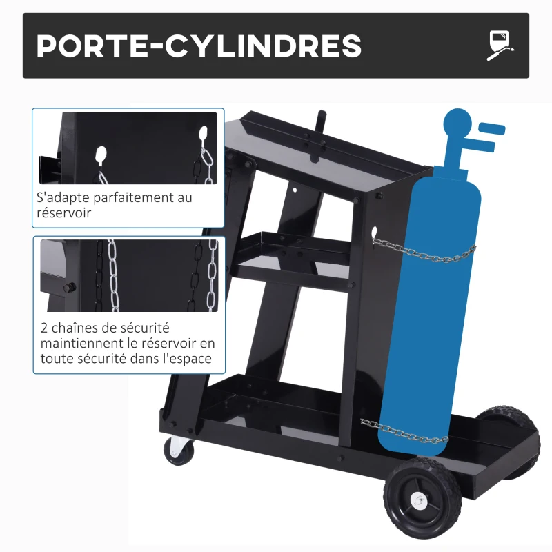 DURHAND Chariot de soudage mobile à 3 niveaux avec 4 roues, porte-bouteille de gaz et chaînes de sécurité, charge 50 KG, noir