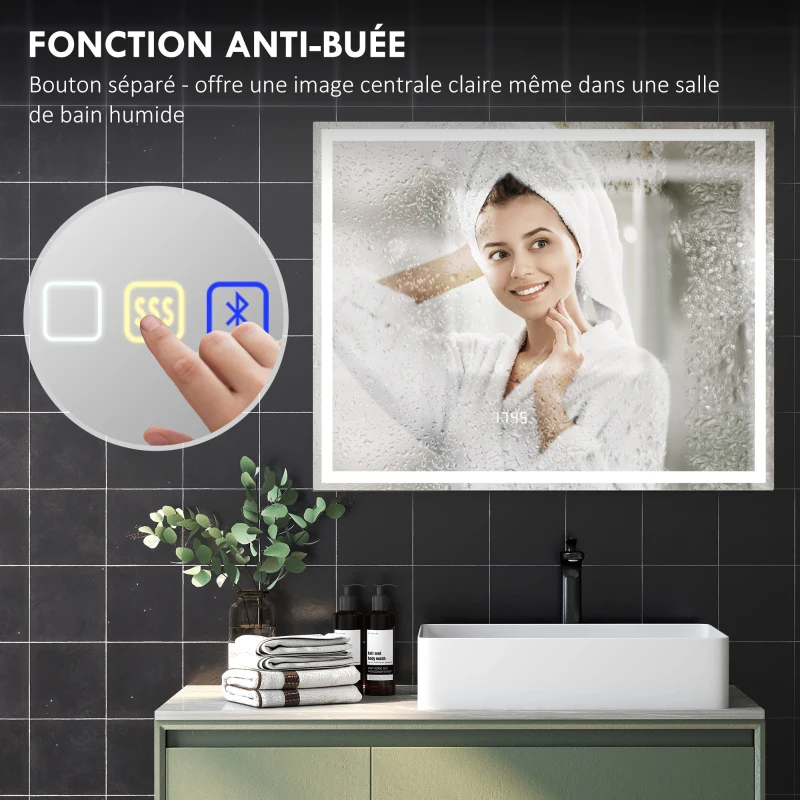 HOMCOM Miroir salle de bain LED bluetooth 80 x 100 cm interrupteur tactile lumière réglable 3 couleurs anti-buée mémoire argent