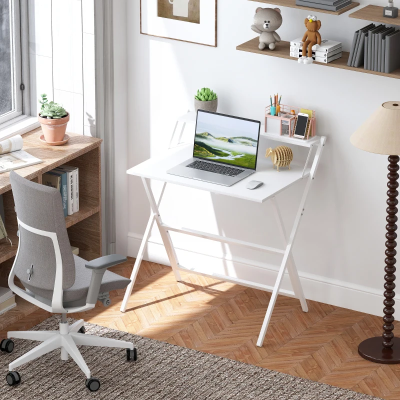 HOMCOM Bureau pliable 75,5 x 50 cm avec étagère de rangement pour chambre, petits espaces, blanc